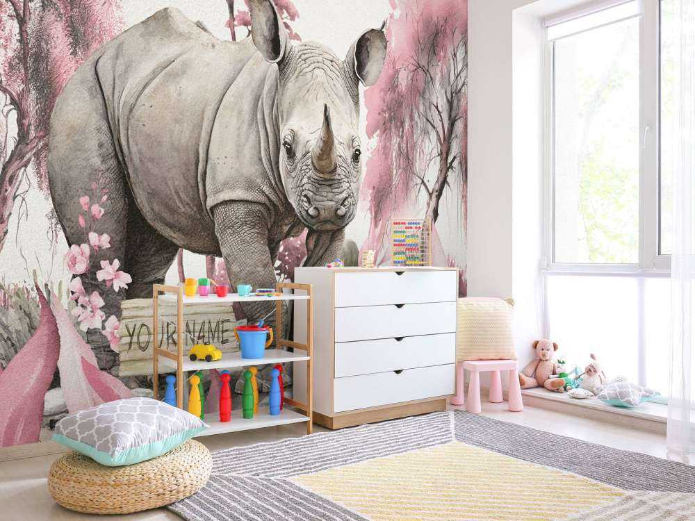 Baby rhino on the savannah pink