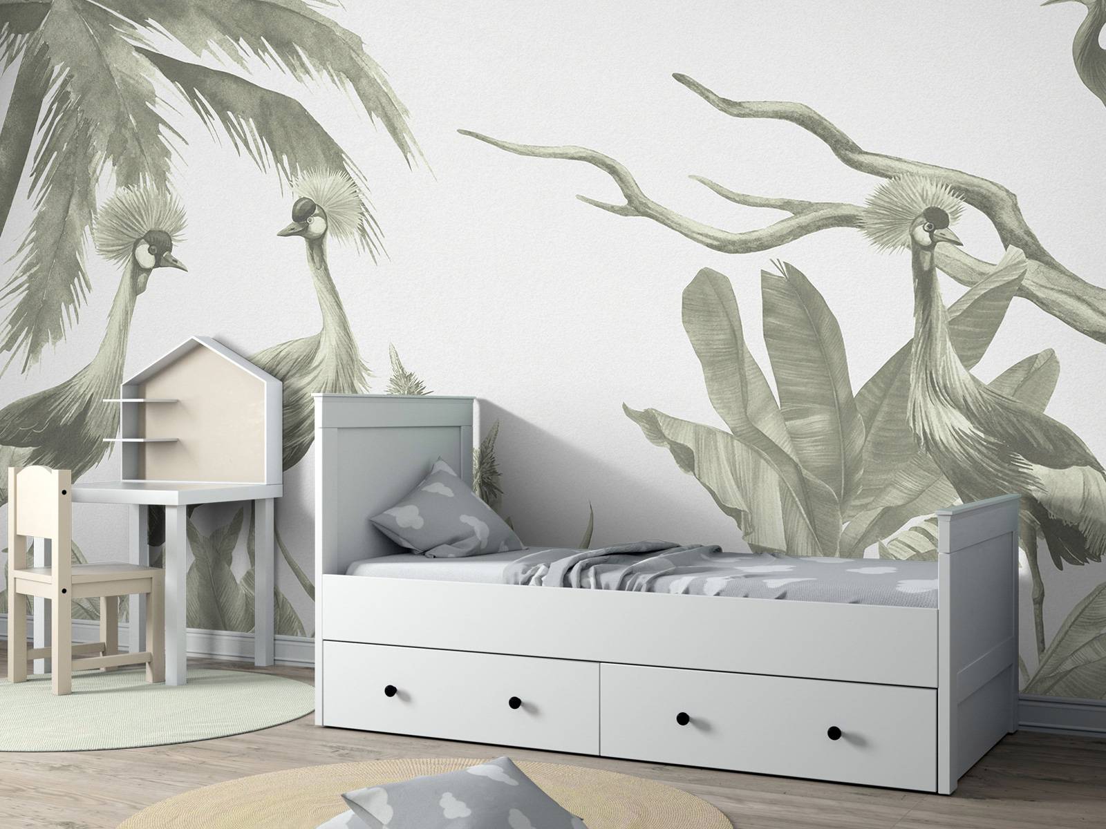 Jungle with cranes in green