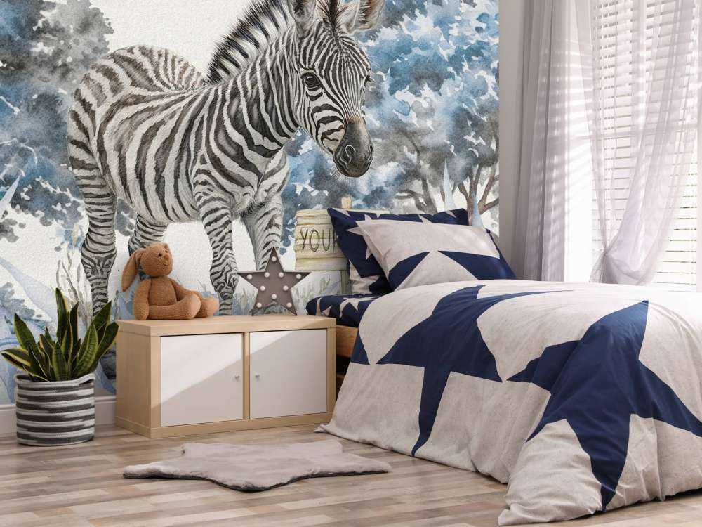 Young zebra in the wild blue