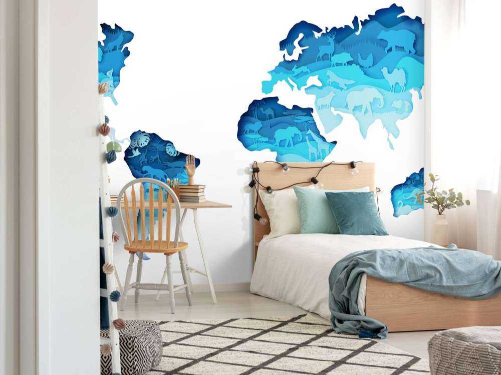 Dieren wereldkaart blauw tinten