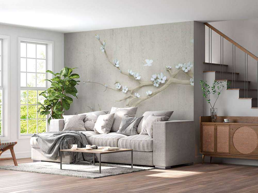Branch with white flowers on wooden background