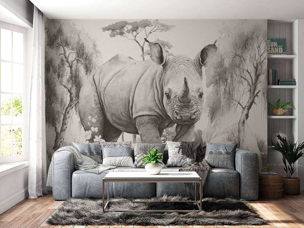Baby rhino on the savannah beige