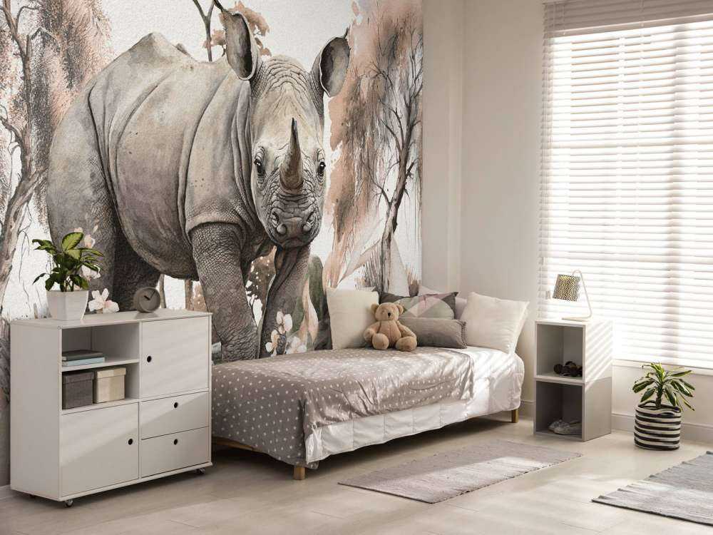 Baby rhino on the savannah taupe
