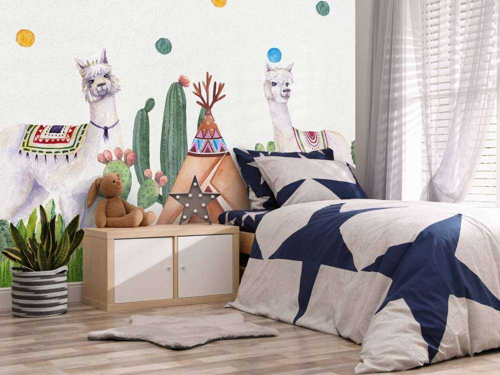 Alpacas between cacti