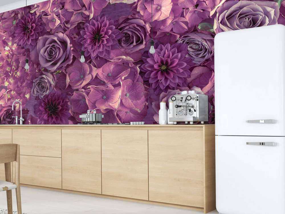 Purple hydrangeas, roses and dahlias