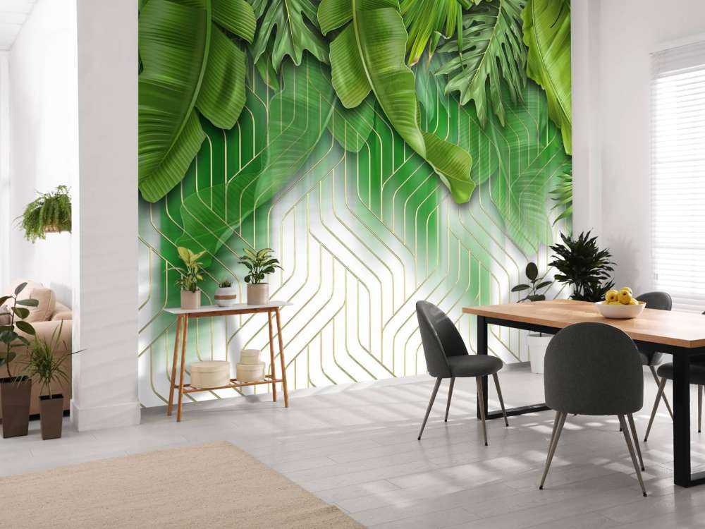 Golden lines effect with green leaves