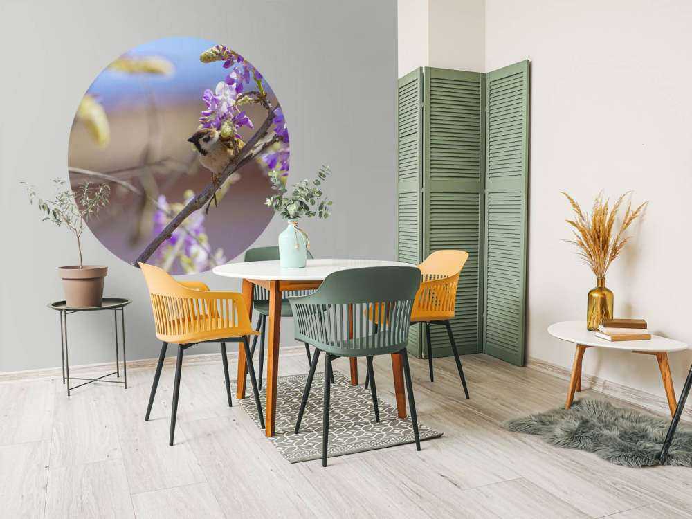 Sparrow and purple flowers