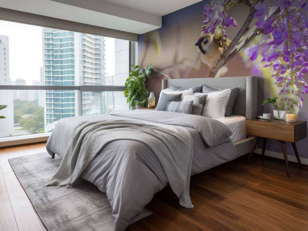 Sparrow and purple flowers