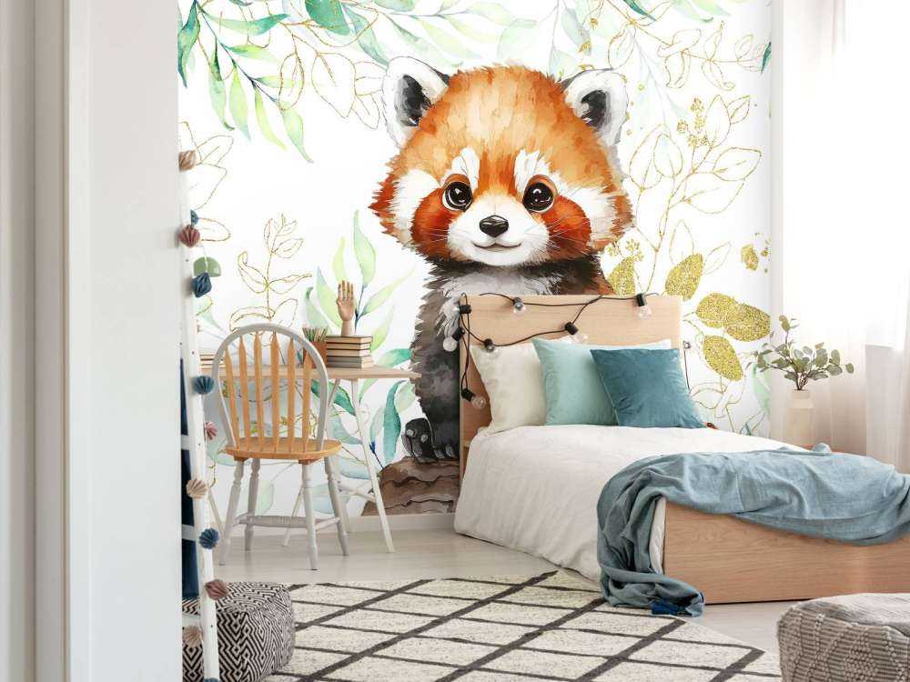 Cute red panda and leaves