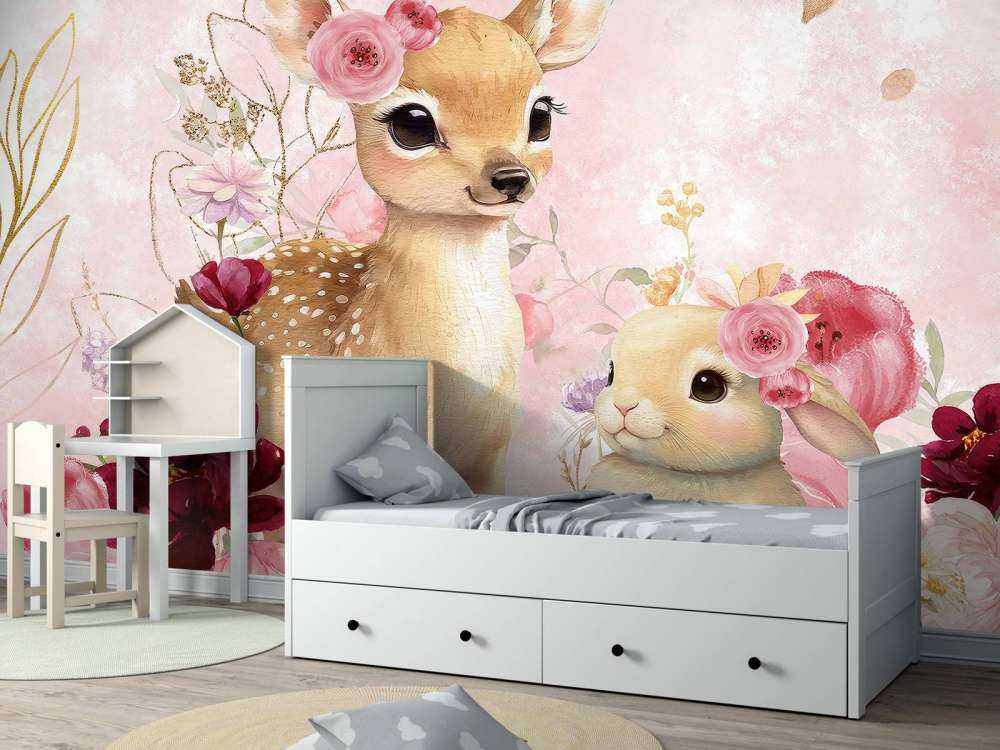 Fawn and rabbit in floral splendor