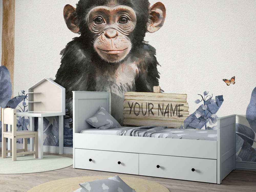 Baby chimp in the jungle blue