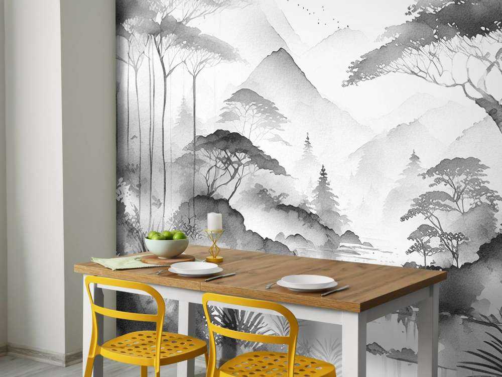 Mountain Lake in Misty Ink