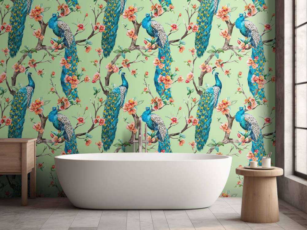 Peacock with Garden Blossom