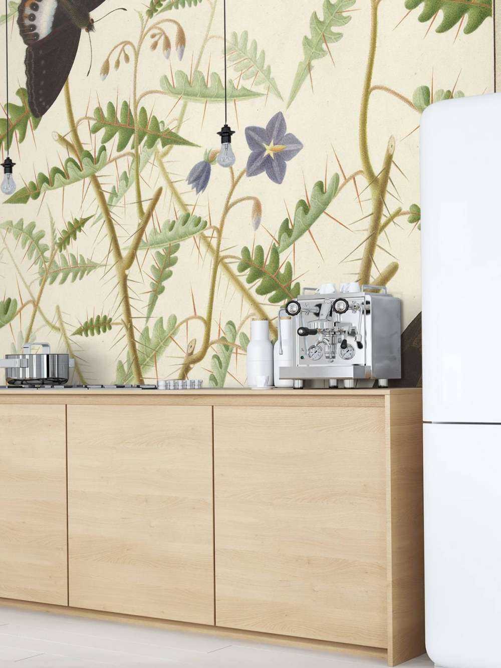 A blossoming shrub with two exotic butterflies