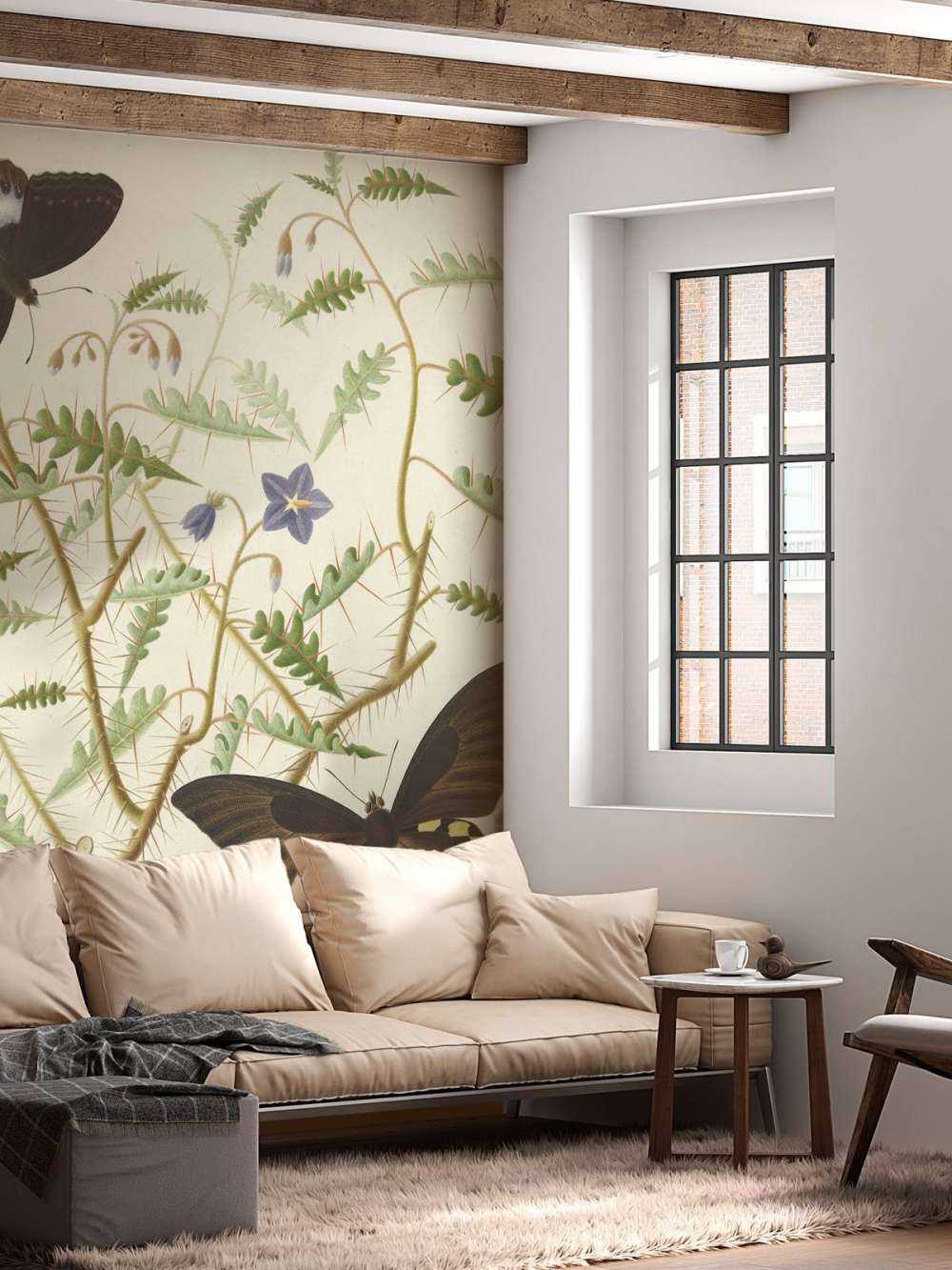 A blossoming shrub with two exotic butterflies