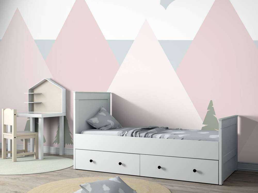 Pink mountains with pine trees