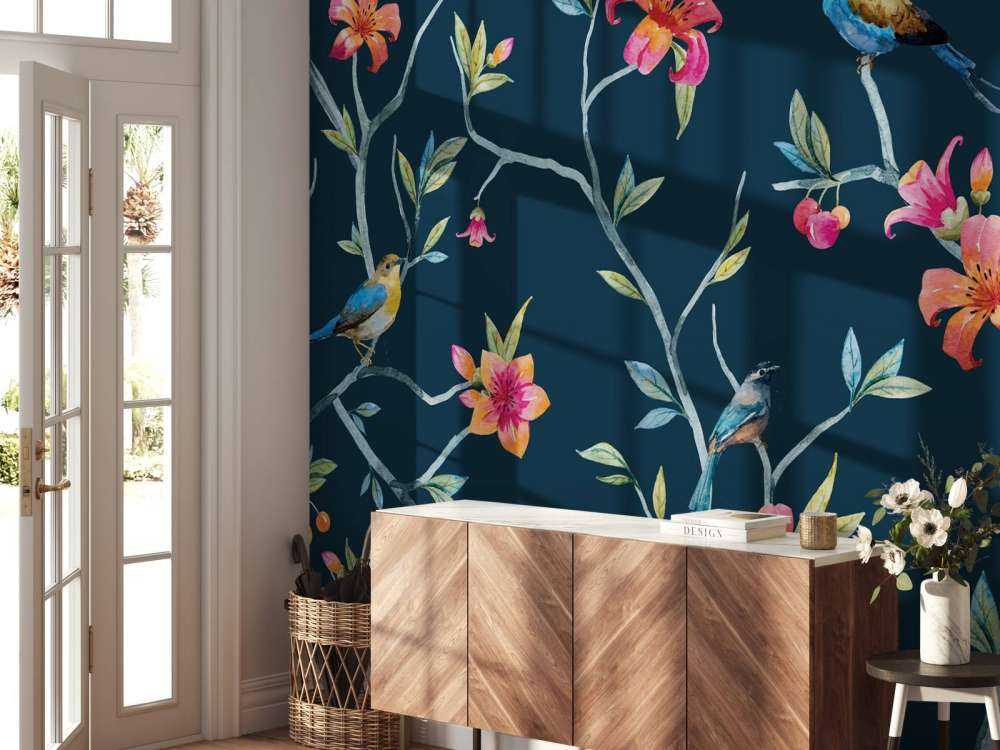 Tropical flowers and birds