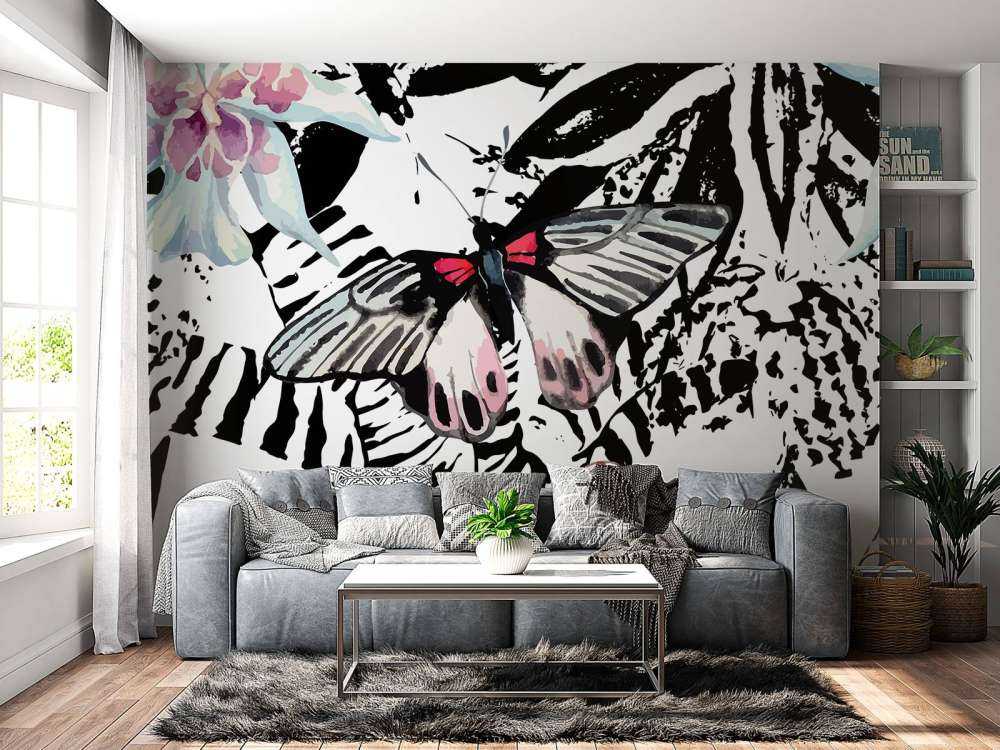 Aquarel van exotische vlinders en bloemen