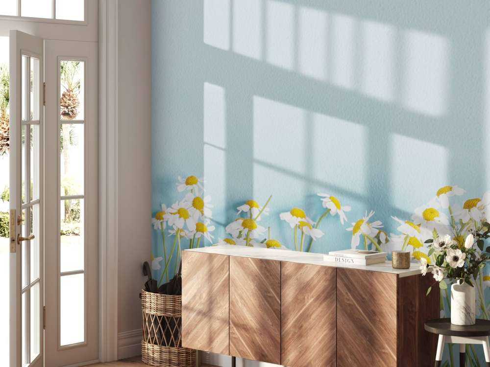 Kamille bloemen met een blauwe achtergrond