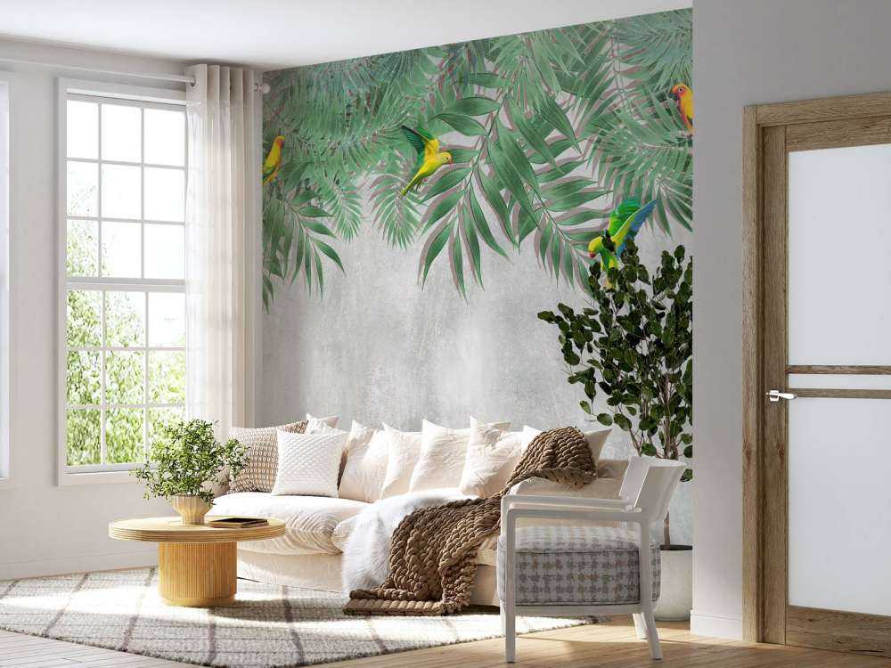 Tropical leaves and parakeets