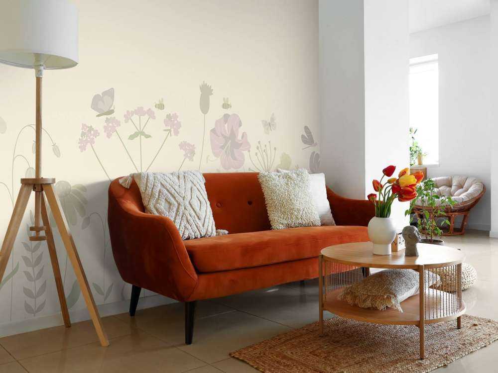 Field of flowers with butterflies beige and old pink