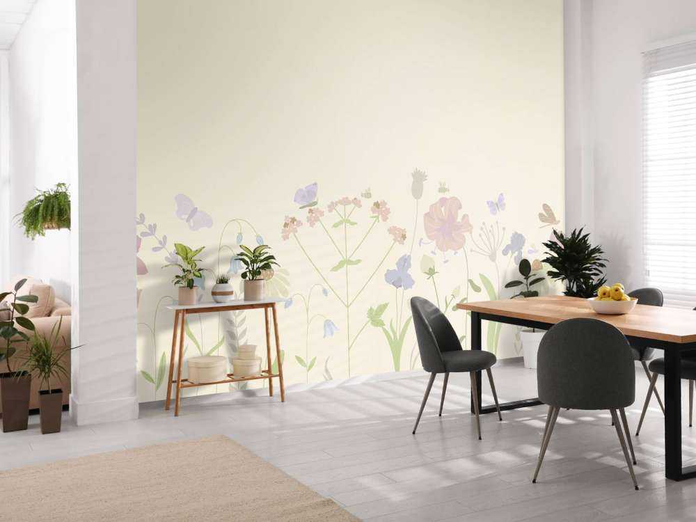 Field of flowers with butterflies beige, old pink, green and lilac