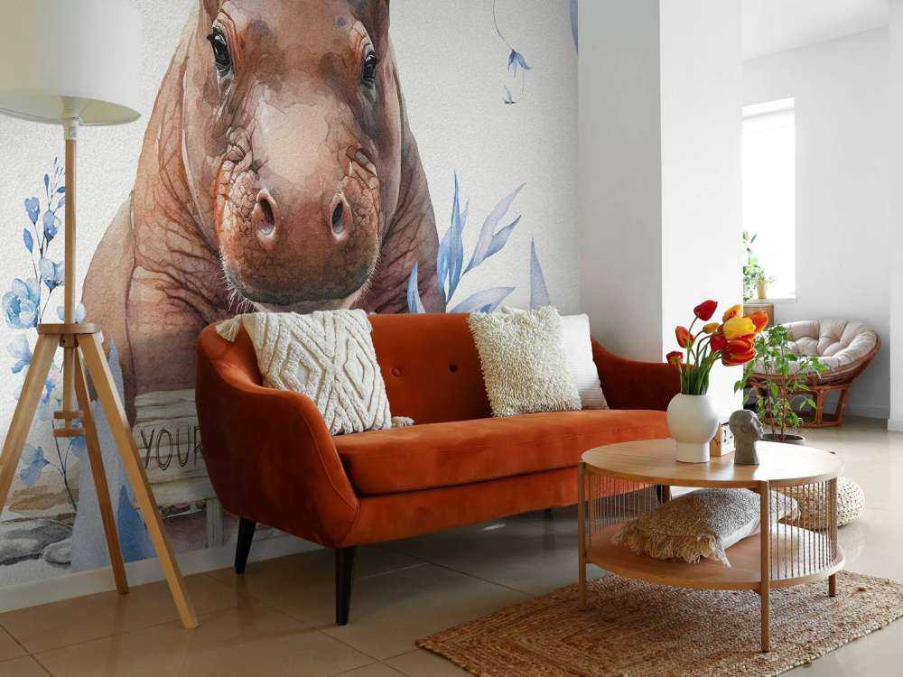 Baby hippo in the leaves blue