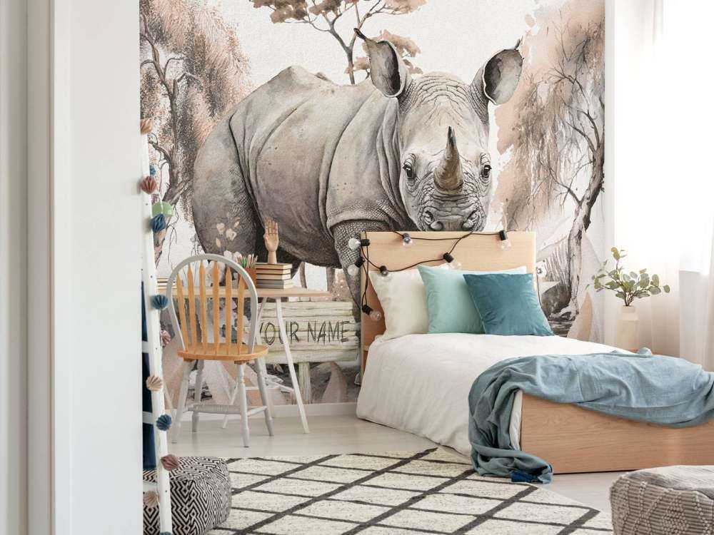 Baby rhino on the savannah taupe