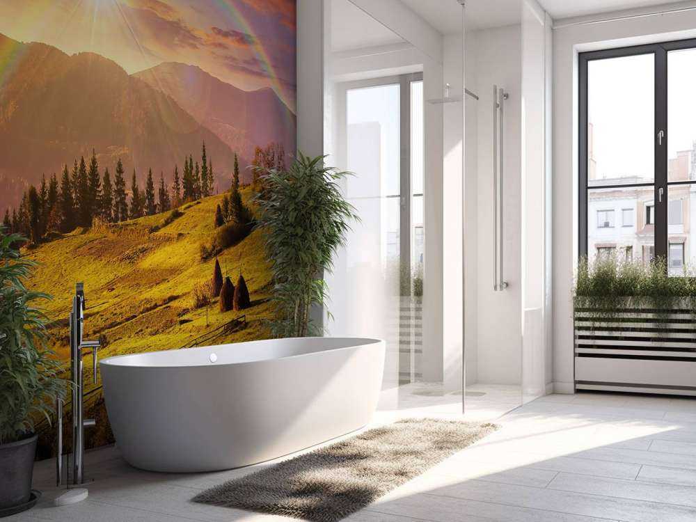 Haystacks in mountain landscape