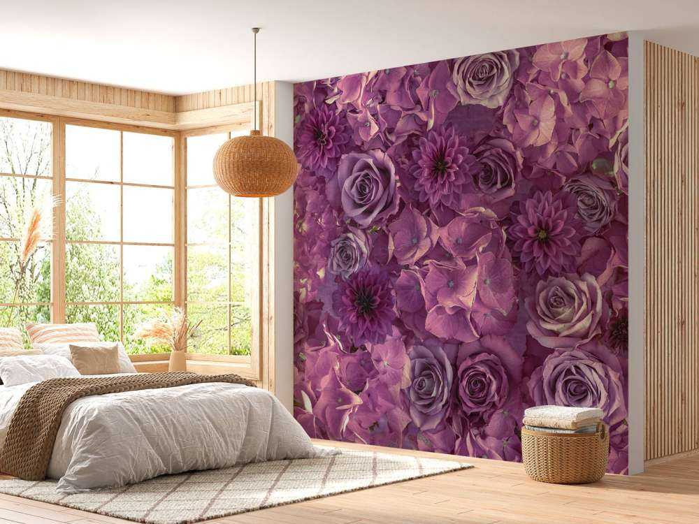 Purple hydrangeas, roses and dahlias