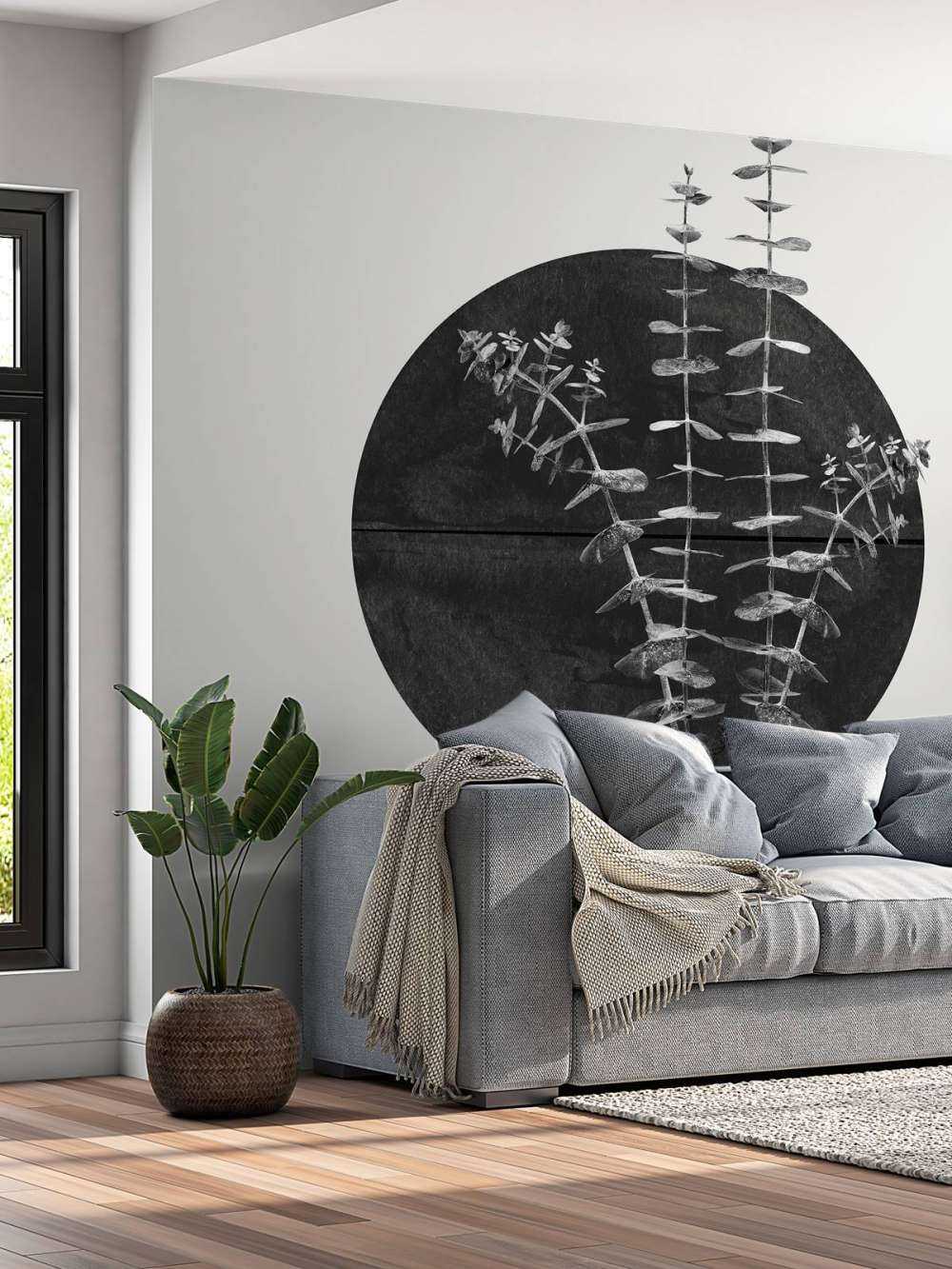 Zwarte zon met eucalyptus takken. 