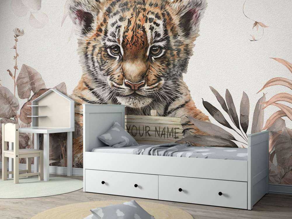 Cute tiger with plants taupe