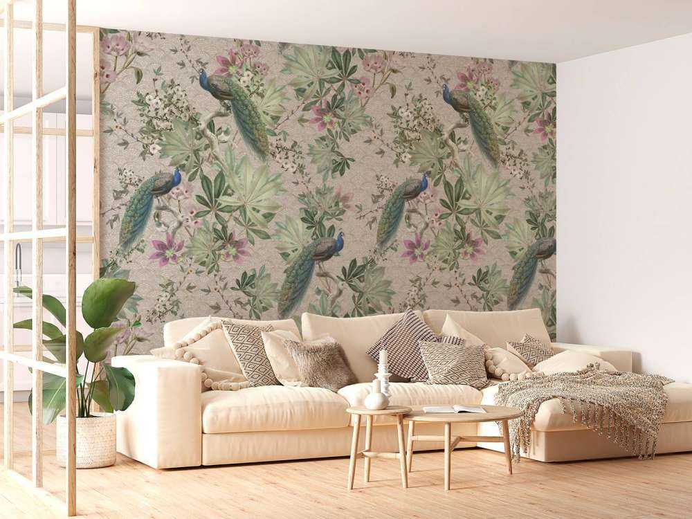 Vintage garden peacocks - cream