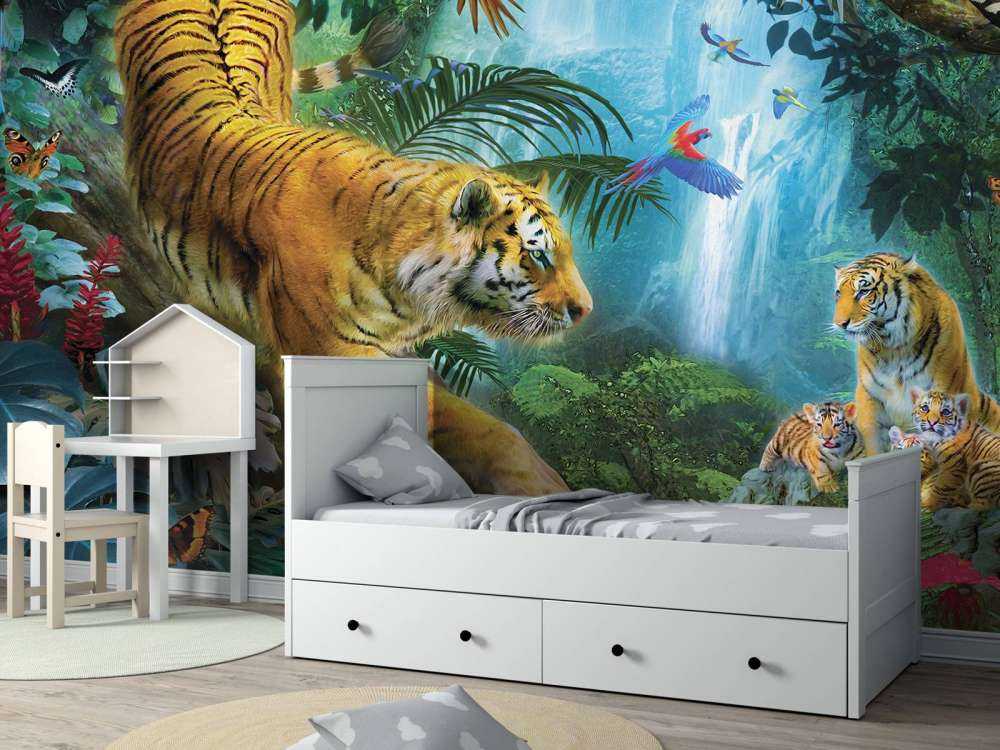 Tigers Near Waterfall