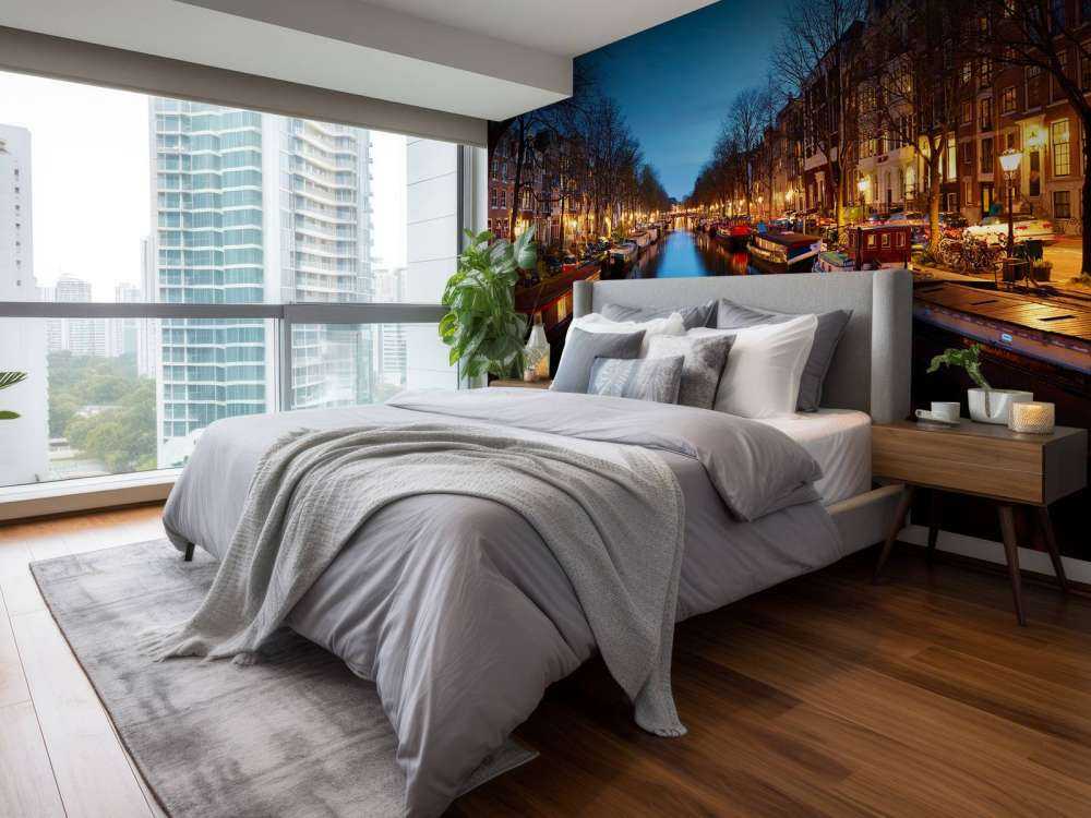 Houseboats along illuminated canal