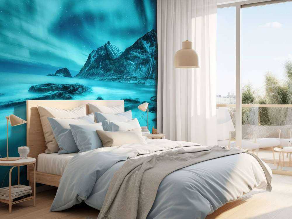 Blue northern lights with mountains