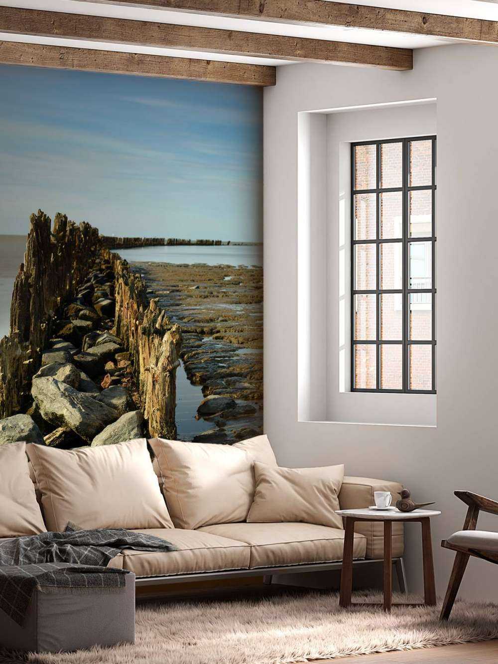 Breakwater of wood and stone