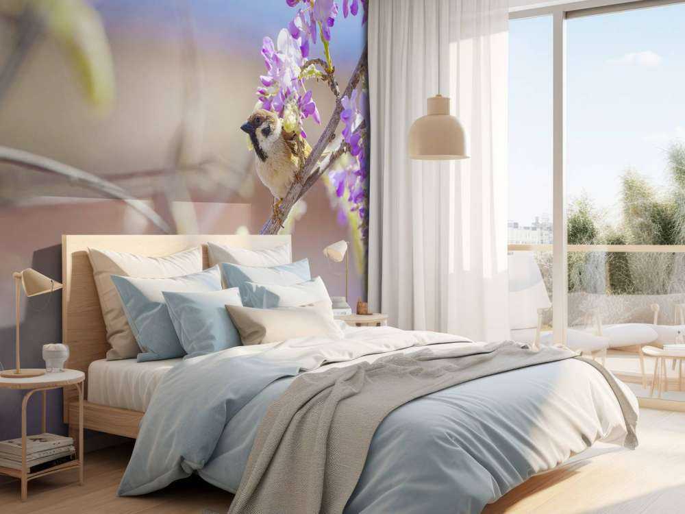 Sparrow and purple flowers