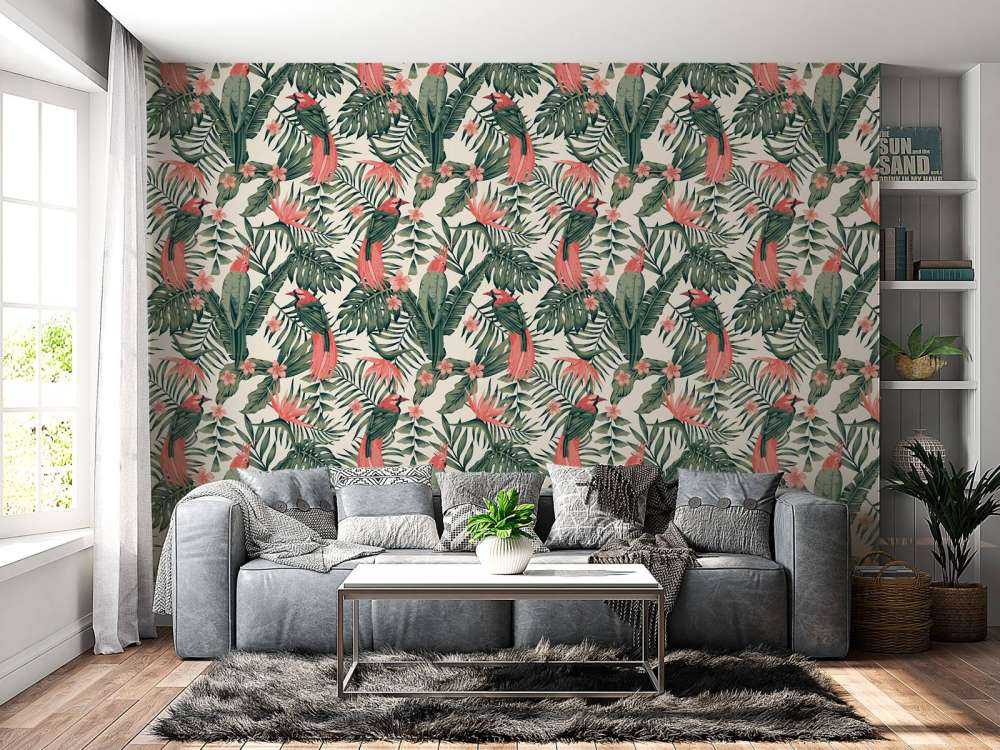 Tropical plants, flowers and birds