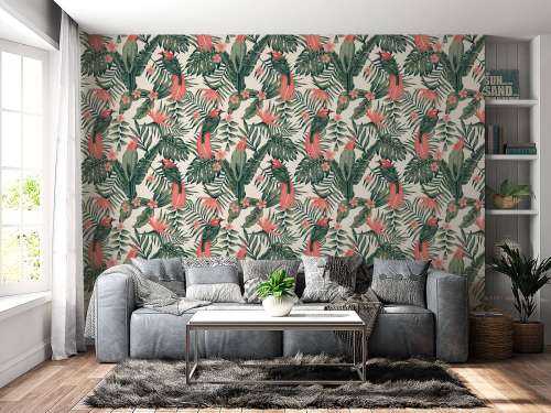 Tropical plants, flowers and birds