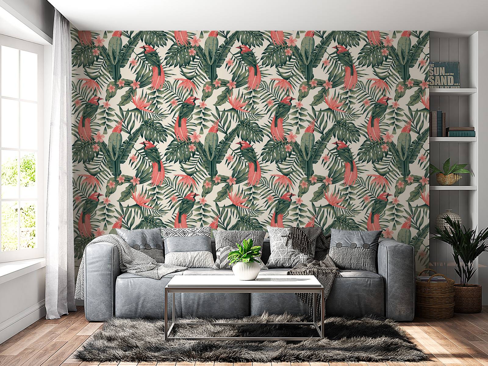 Tropical plants, flowers and birds