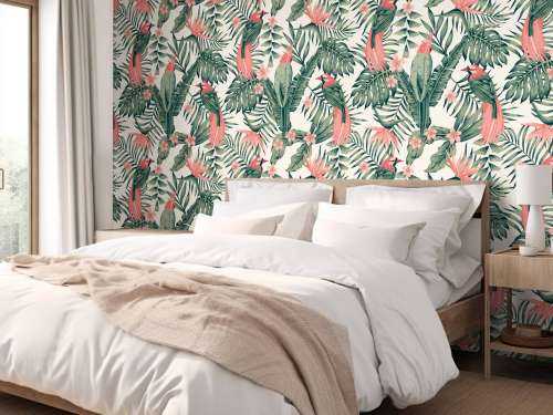 Tropical plants, flowers and birds