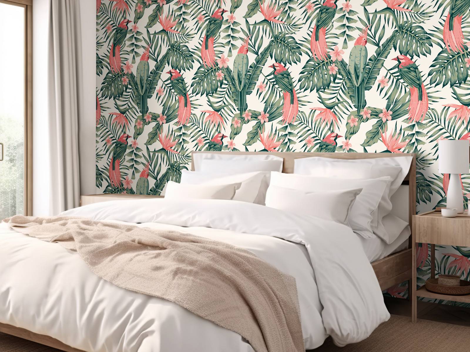 Tropical plants, flowers and birds