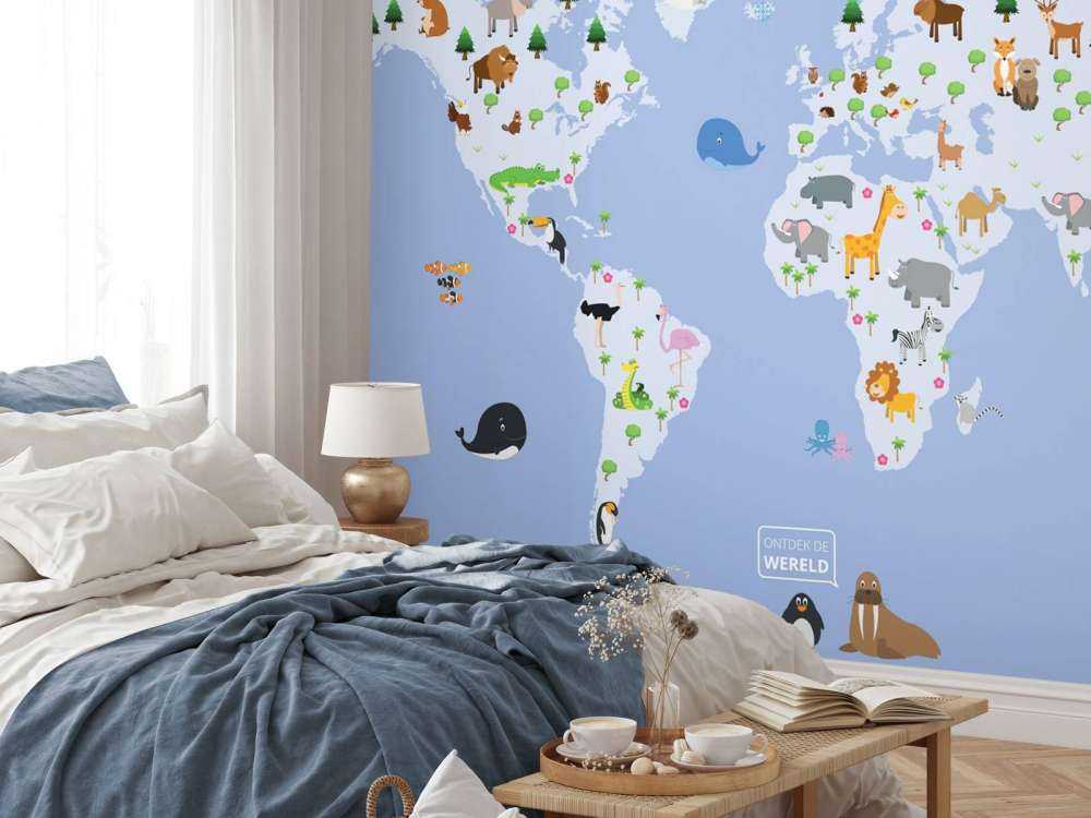 World map for children with blue background