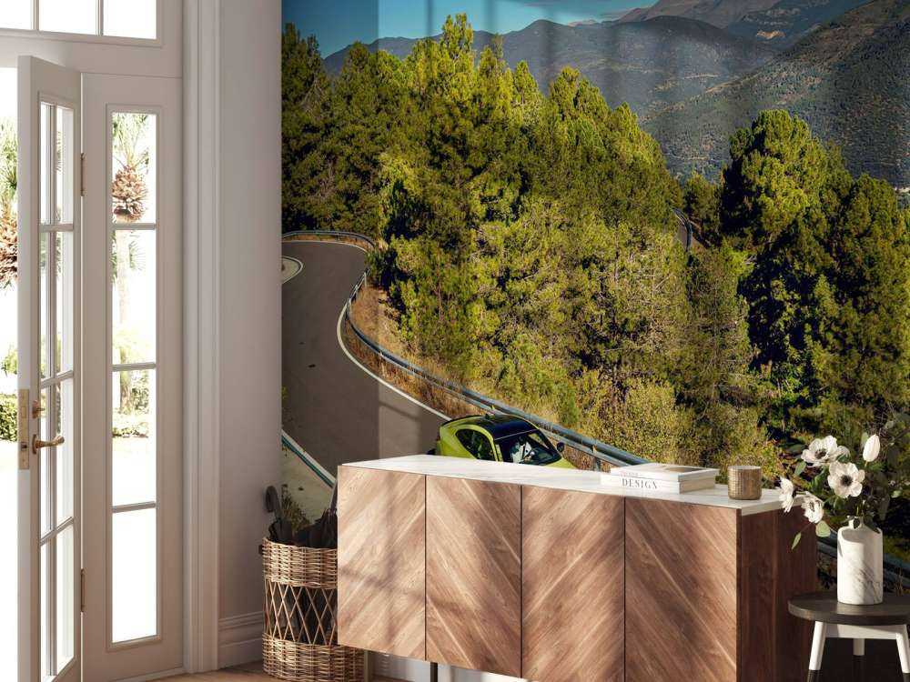 Lime green BMW on mountain road