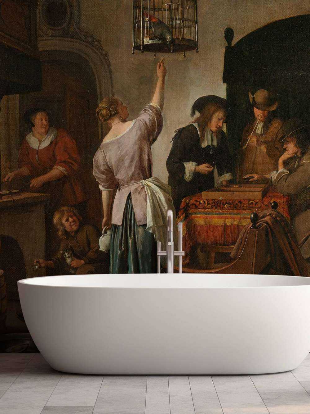 Interieur met een vrouw die een papegaai voert