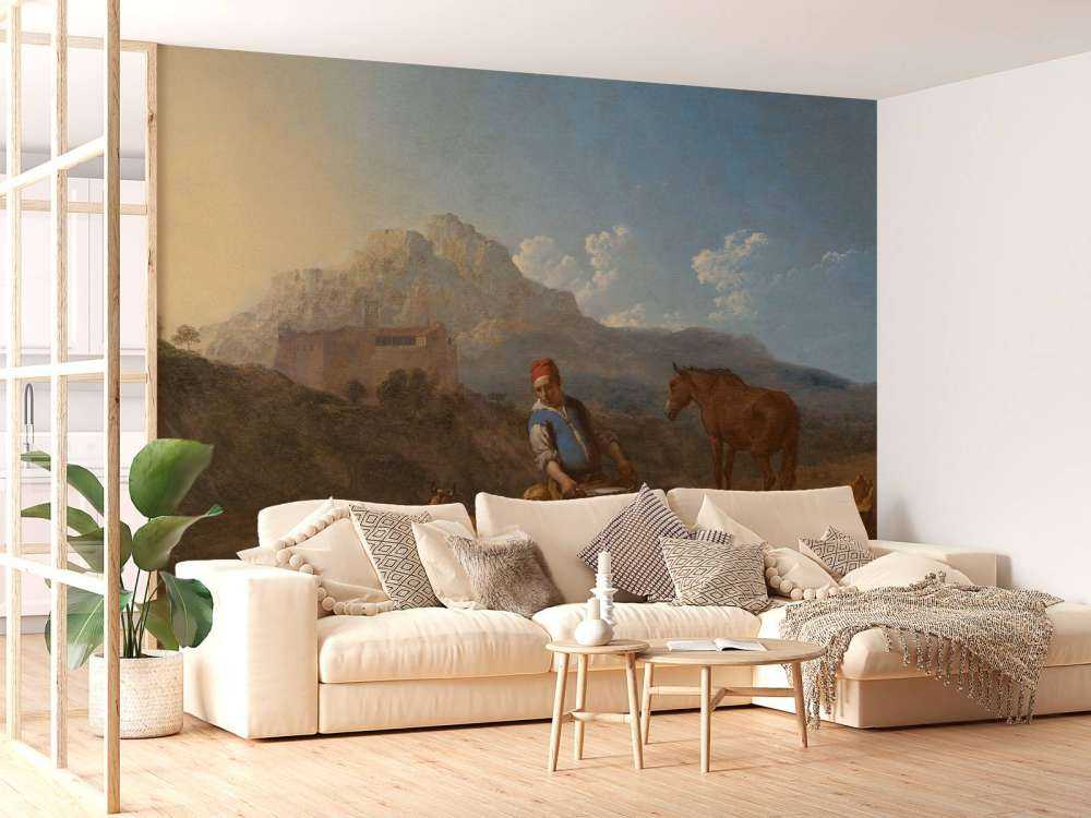 Italiaans landschap met geitenmelkster
