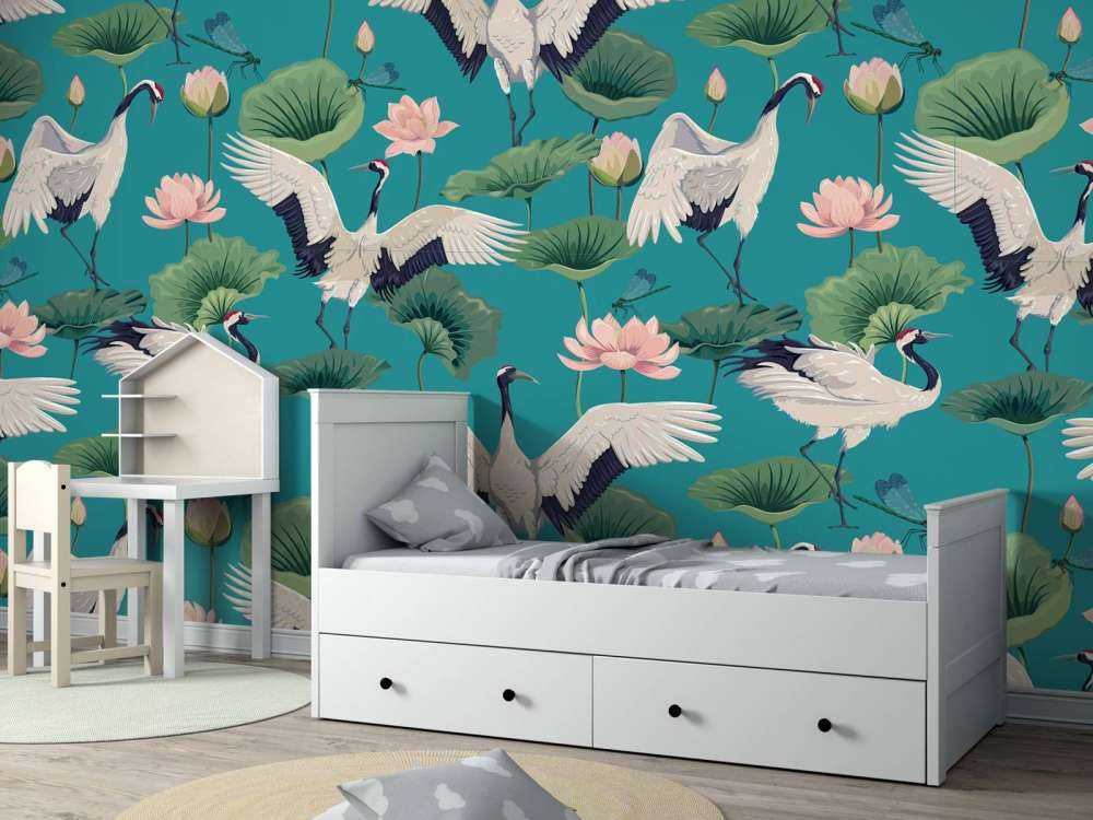 Witte kraanvogels, donkerblauw