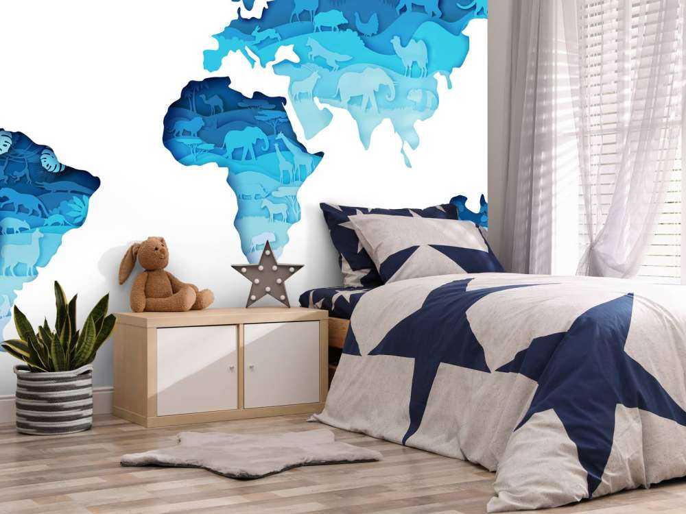 Dieren wereldkaart blauw tinten