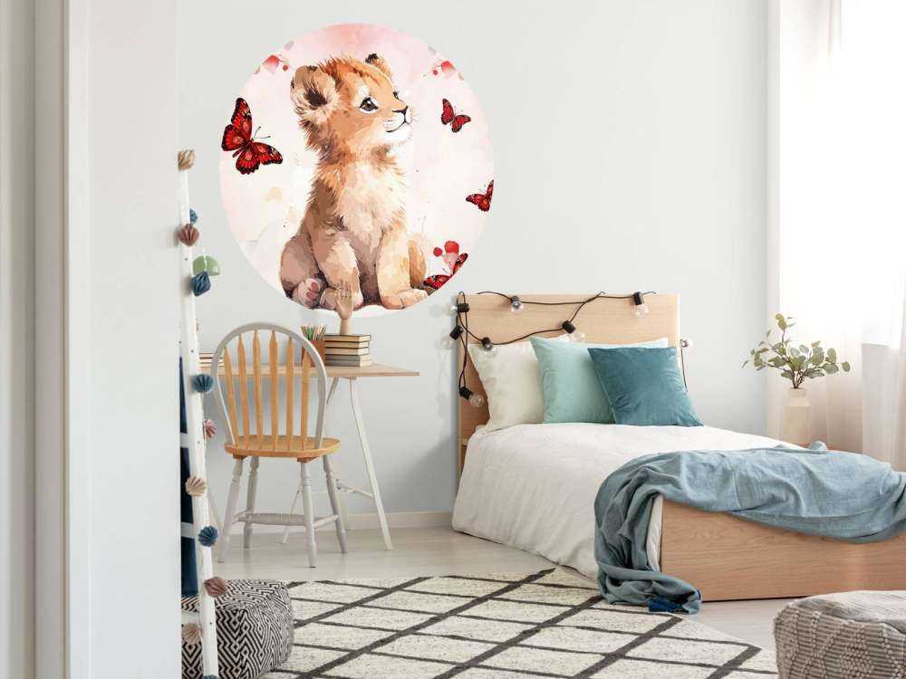 Dreamy lion cub and butterflies